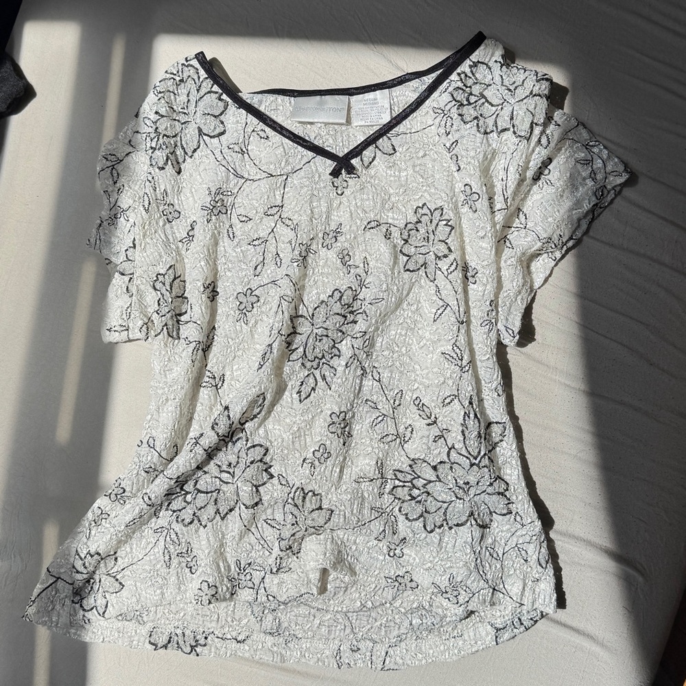 Worthington White Blouse with Black Floral Embroidery